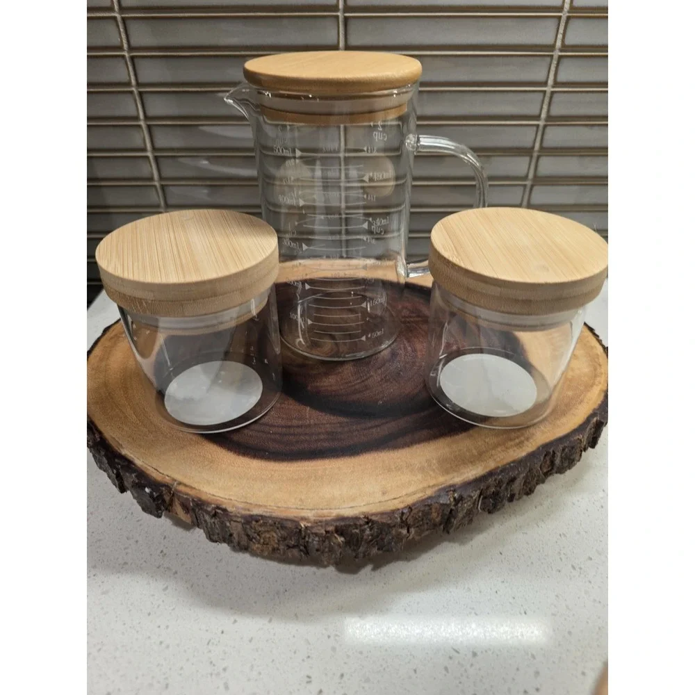 Set of 7 Glass Spice Jars, 1 Measuring Cup Bamboo Airtight Lids